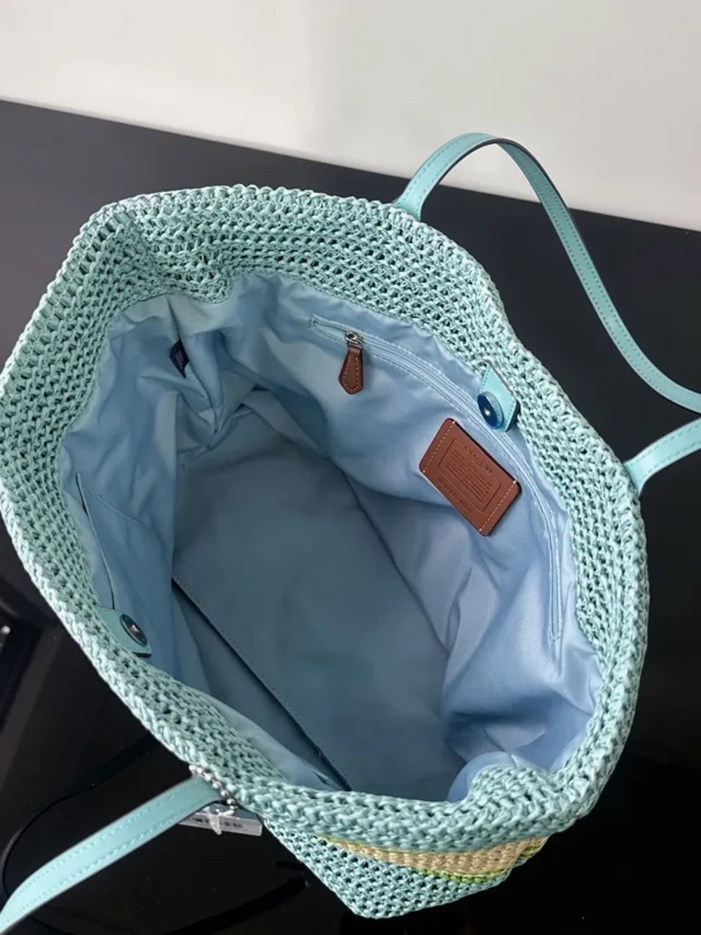 Coach Straw Tote in Light Blue, Cream and Green Stripes - Picture 6 of 6
